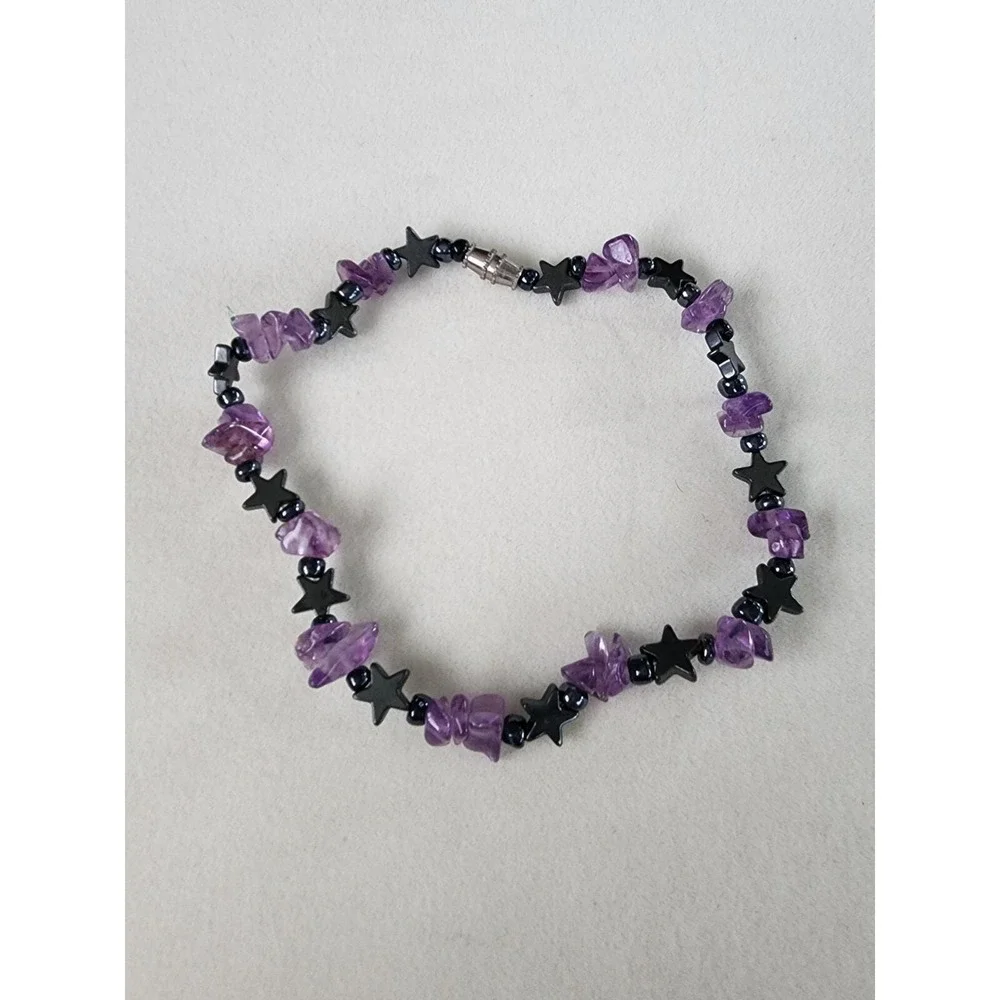 Genuine AMETHYST Chip With Gunmetal Gray Stars Bracelet Hand Crafted FREE $HIP!!